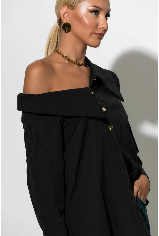 Πουκάμισο ασύμμετρο off-shoulder με μεταλλικά κουμπιά μαύρο