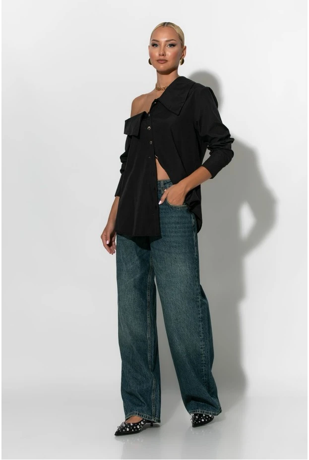 Πουκάμισο ασύμμετρο off-shoulder με μεταλλικά κουμπιά μαύρο