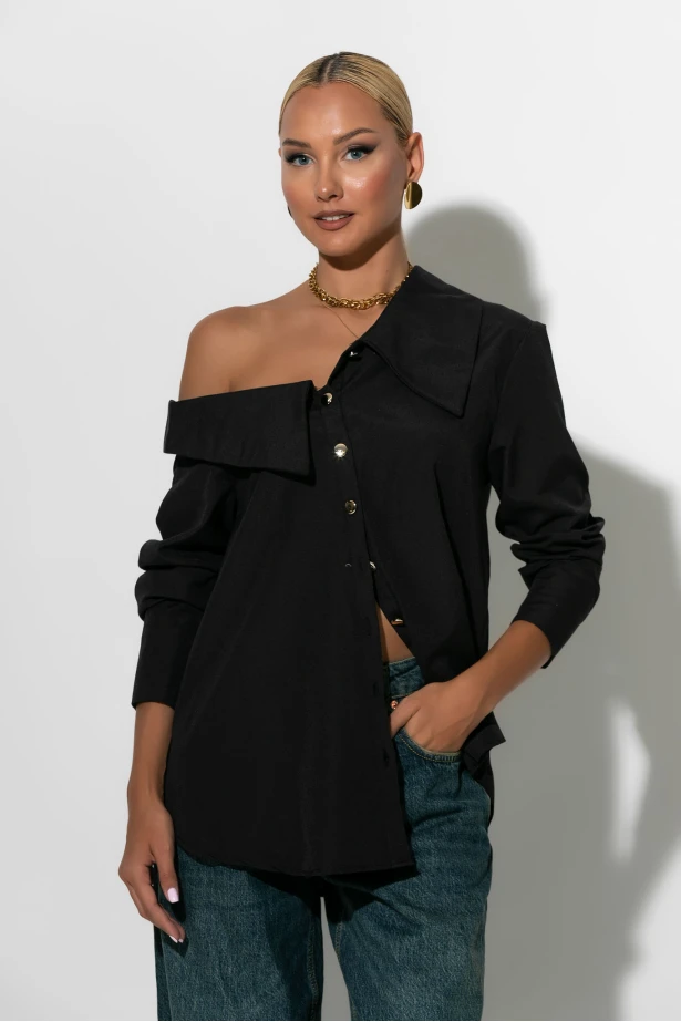 Πουκάμισο ασύμμετρο off-shoulder με μεταλλικά κουμπιά μαύρο Πουκάμισο ασύμμετρο off-shoulder με μεταλλικά κουμπιά μαύρο