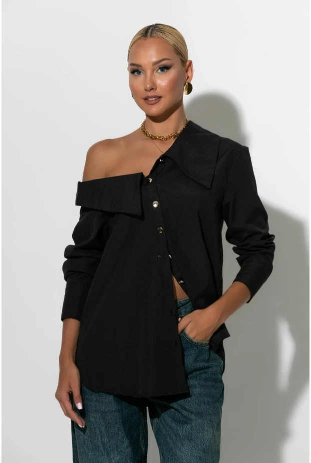 Πουκάμισο ασύμμετρο off-shoulder με μεταλλικά κουμπιά μαύρο
