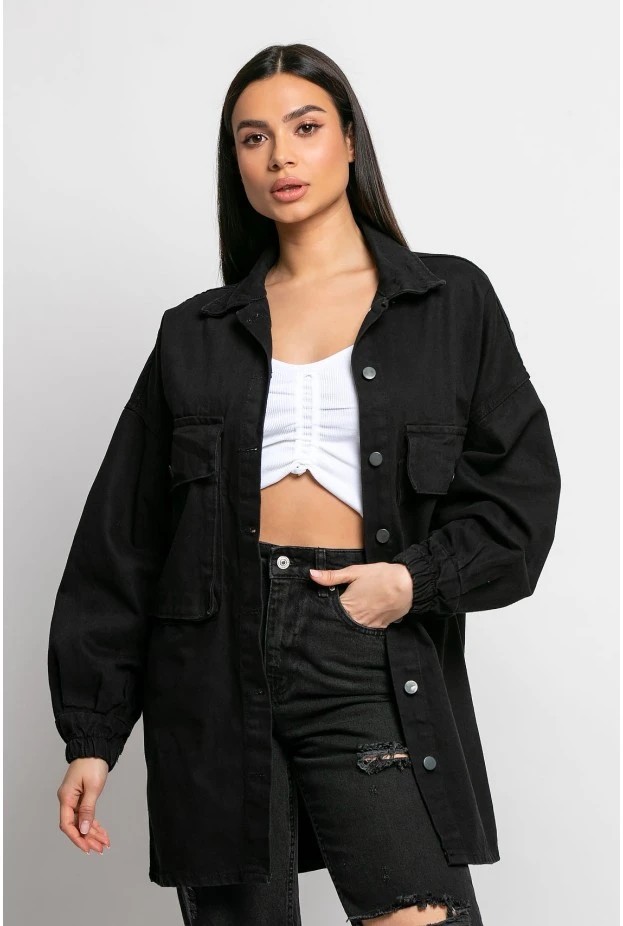 Jean jacket oversized με μπαλούν μανίκια μαύρο