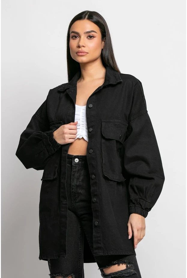 Jean jacket oversized με μπαλούν μανίκια μαύρο