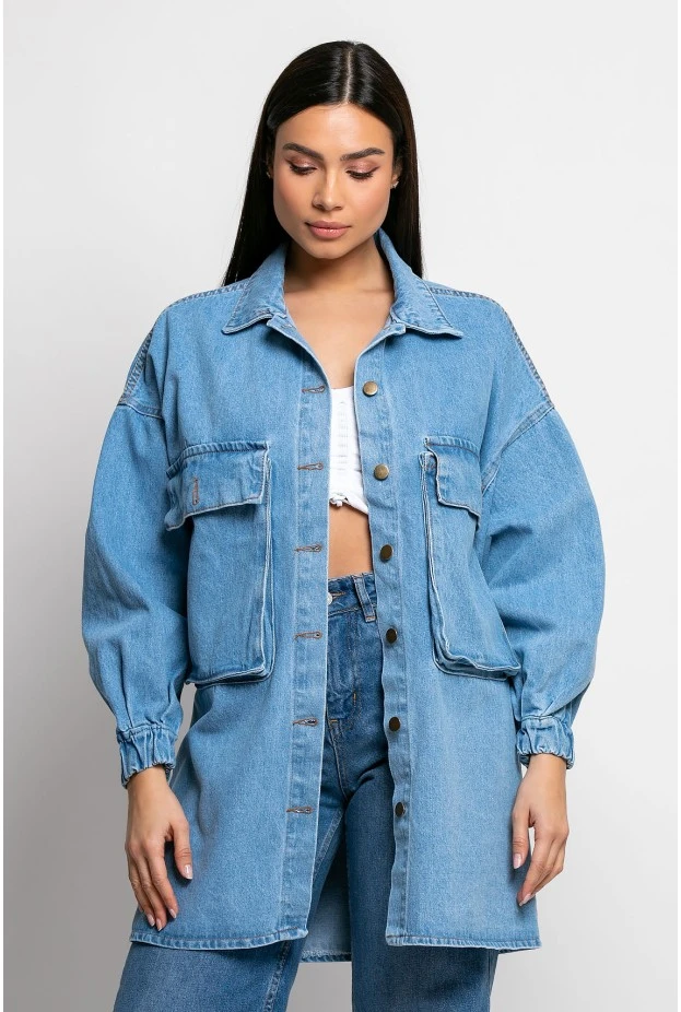 Jean jacket oversized με μπαλούν μανίκια μπλέ