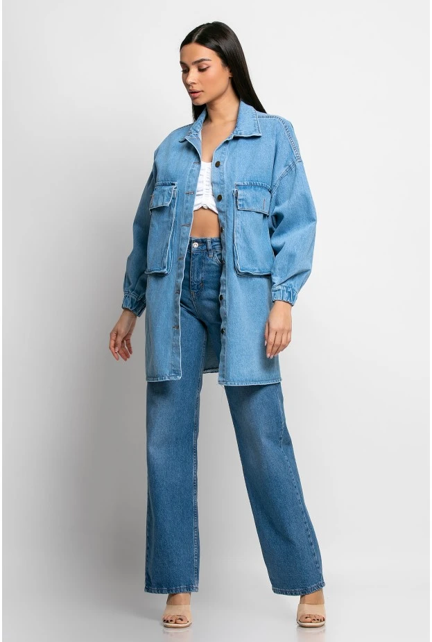 Jean jacket oversized με μπαλούν μανίκια μπλέ