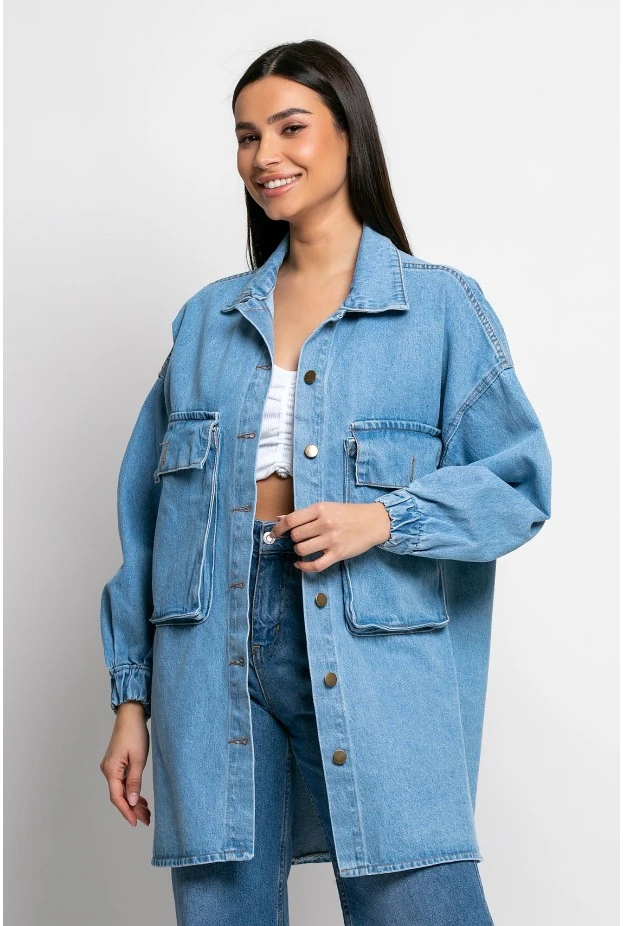Jean jacket oversized με μπαλούν μανίκια μπλέ