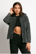 Jean jacket ασύμμετρο με μεγάλες τσέπες ανθρακί Jean jacket ασύμμετρο με μεγάλες τσέπες ανθρακί