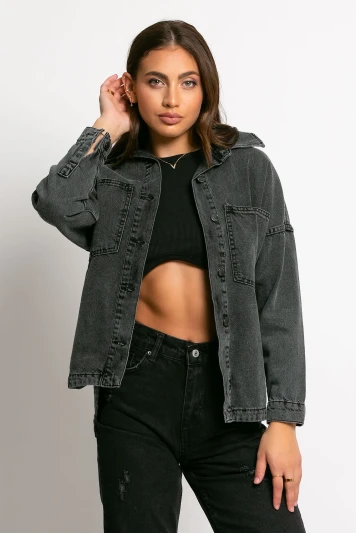 Jean jacket ασύμμετρο με μεγάλες τσέπες καφέ