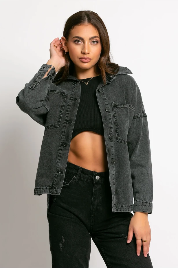 Jean jacket ασύμμετρο με μεγάλες τσέπες ανθρακί Jean jacket ασύμμετρο με μεγάλες τσέπες ανθρακί