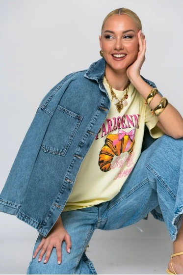 Jean jacket ασύμμετρο με μεγάλες τσέπες μπλε ντένιμ ανοιχτό