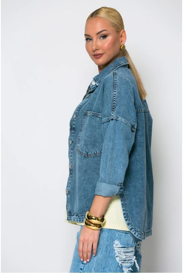 Jean jacket ασύμμετρο με μεγάλες τσέπες μπλε ντένιμ ανοιχτό