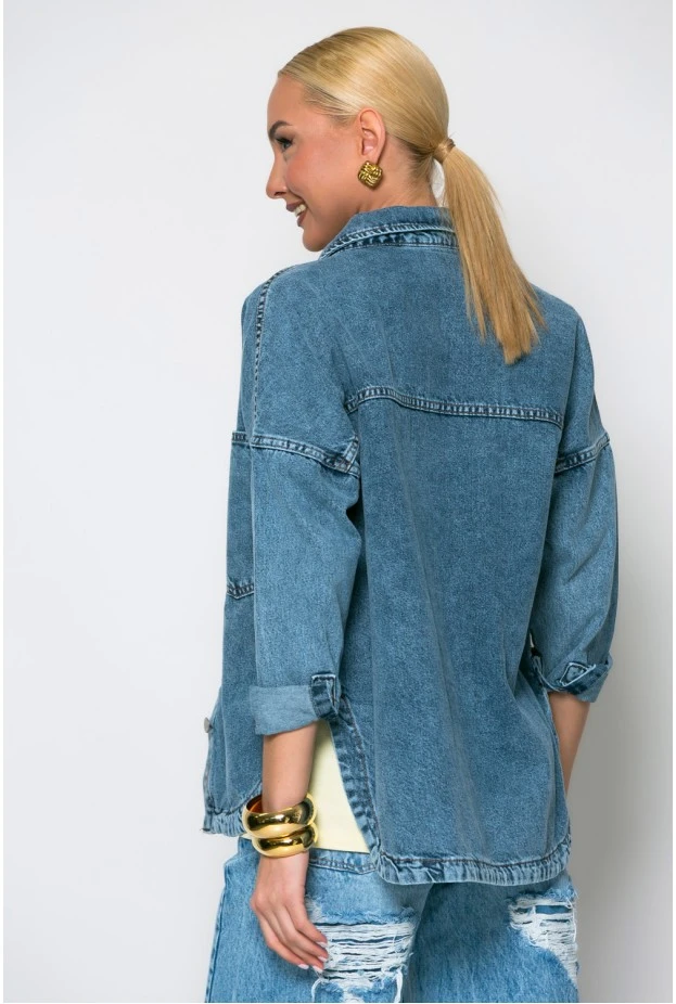 Jean jacket ασύμμετρο με μεγάλες τσέπες μπλε ντένιμ ανοιχτό