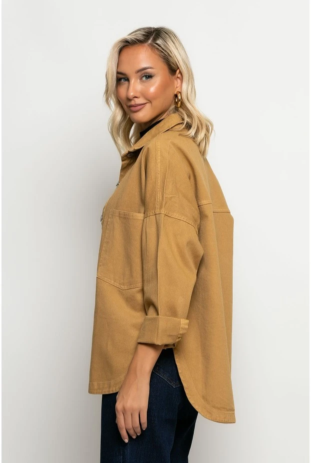 Jean jacket ασύμμετρο με μεγάλες τσέπες ταμπά