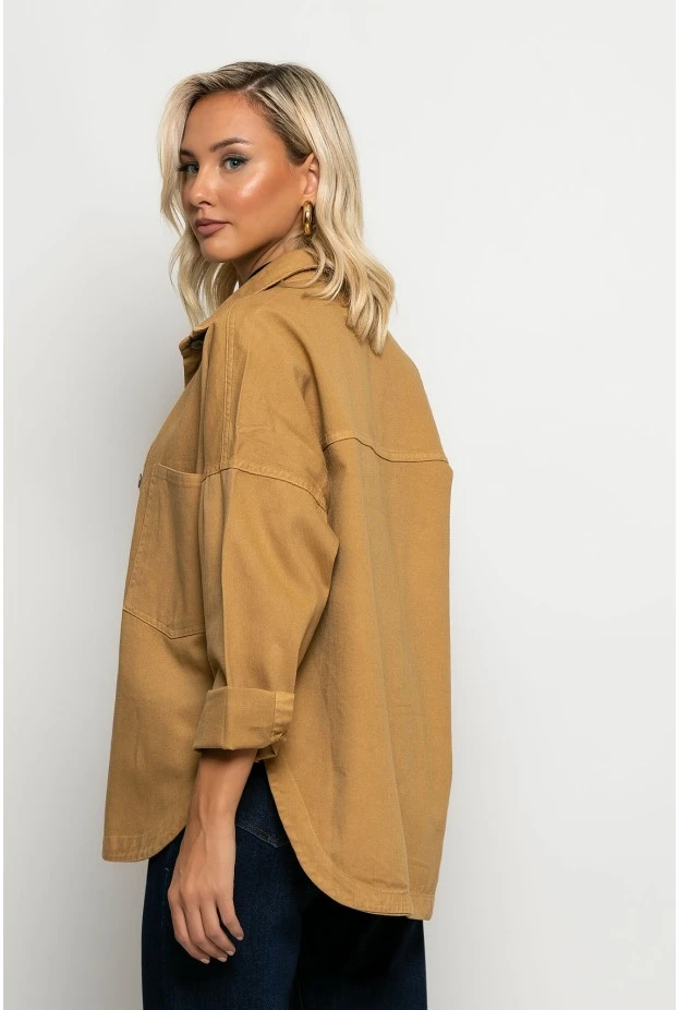 Jean jacket ασύμμετρο με μεγάλες τσέπες ταμπά
