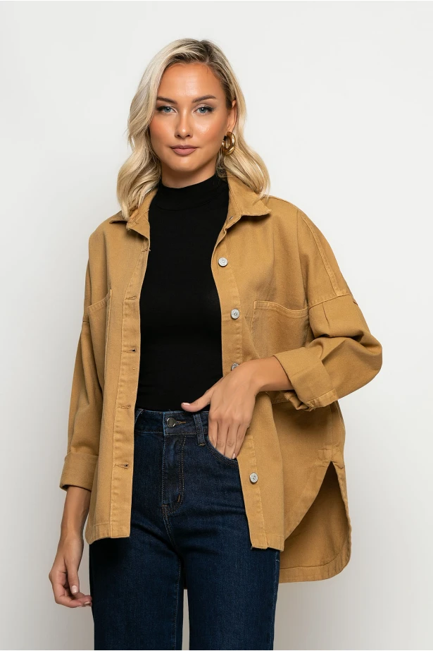 Jean jacket ασύμμετρο με μεγάλες τσέπες ταμπά Jean jacket ασύμμετρο με μεγάλες τσέπες ταμπά