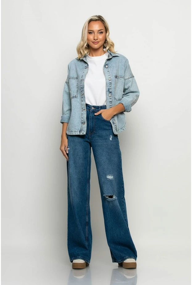 Jean jacket ασύμμετρο με μεγάλες τσέπες μπλε ανοιχτό