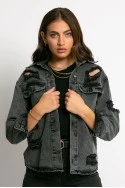 Jean jacket ασύμμετρο με τσέπες και φθορές ανθρακί