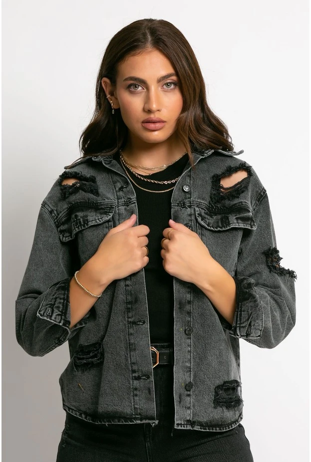 Jean jacket ασύμμετρο με τσέπες και φθορές ανθρακί
