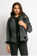 Jean jacket ασύμμετρο με τσέπες και φθορές ανθρακί