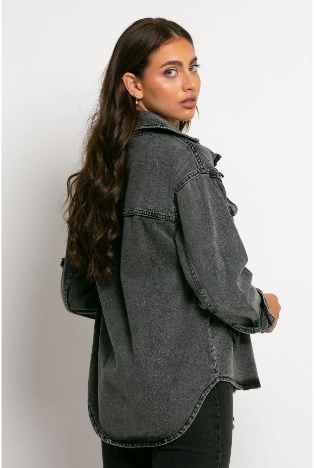 Jean jacket ασύμμετρο με τσέπες και φθορές ανθρακί