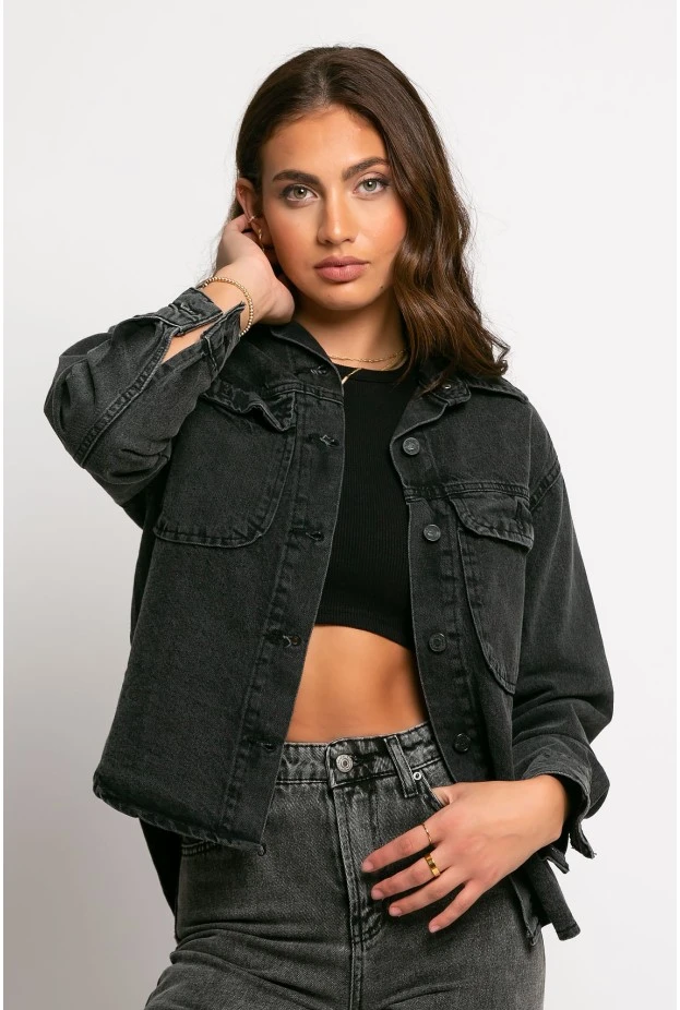 Jean jacket ασύμμετρο με τσέπες μαύρο