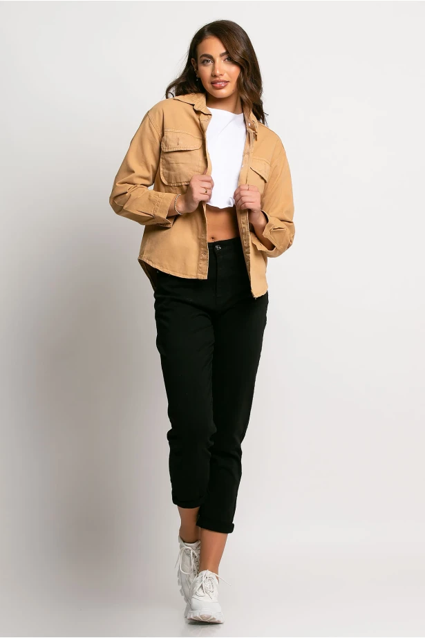 Jean jacket λεπτό ασύμμετρο με τσέπες μπεζ σκούρο Jean jacket λεπτό ασύμμετρο με τσέπες μπεζ σκούρο