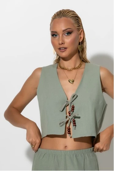 Γιλέκο cropped με χάντρες στο δέσιμο μπεζ