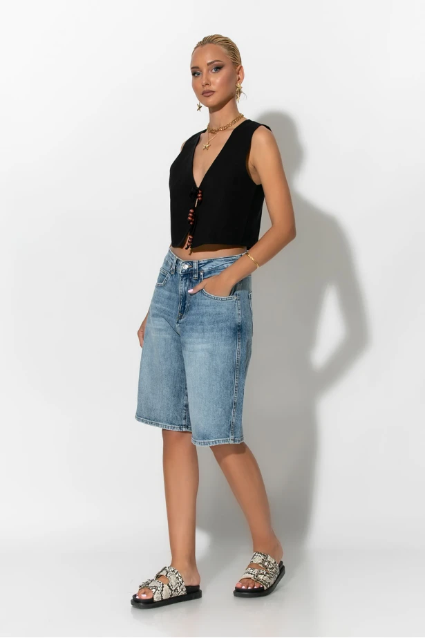 Γιλέκο cropped με χάντρες στο δέσιμο μαύρο