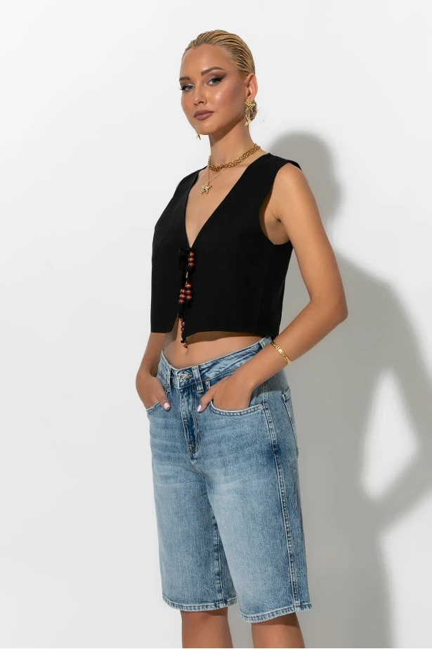 Γιλέκο cropped με χάντρες στο δέσιμο μαύρο