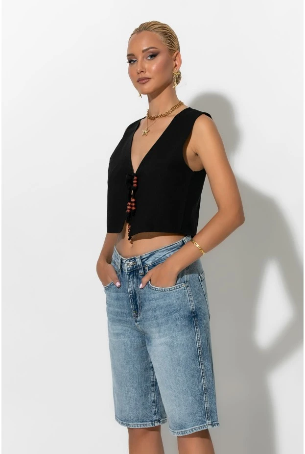 Γιλέκο cropped με χάντρες στο δέσιμο μαύρο