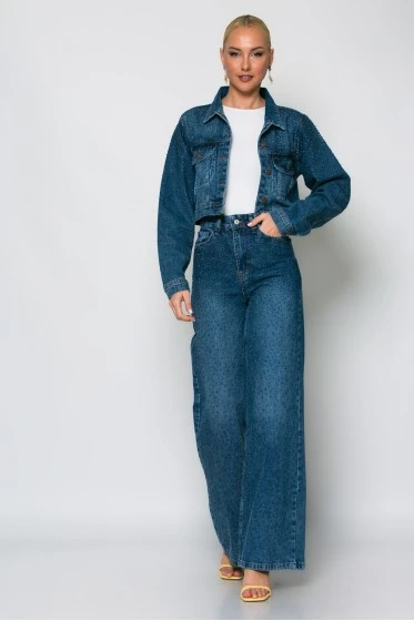 Cropped jean jacket με στρας μπλε