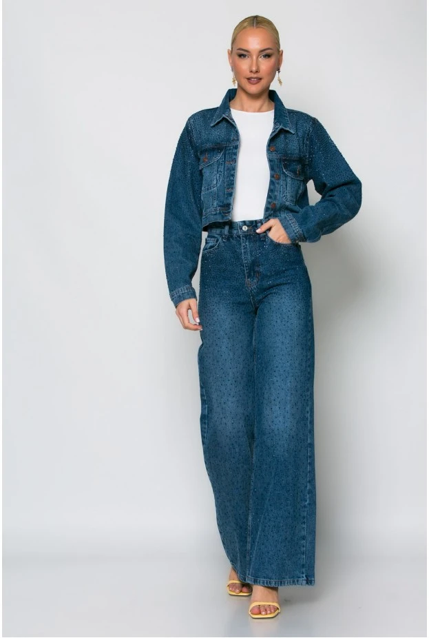 Cropped jean jacket με στρας μπλε