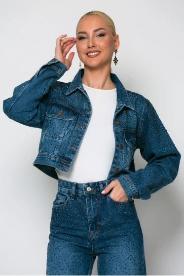 Cropped jean jacket με στρας μπλε
