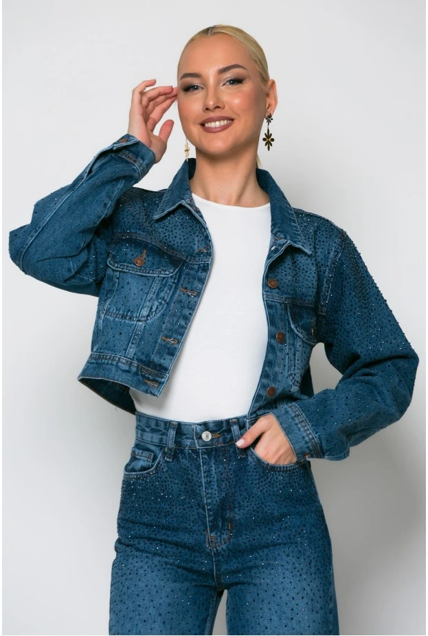 Cropped jean jacket με στρας μπλε