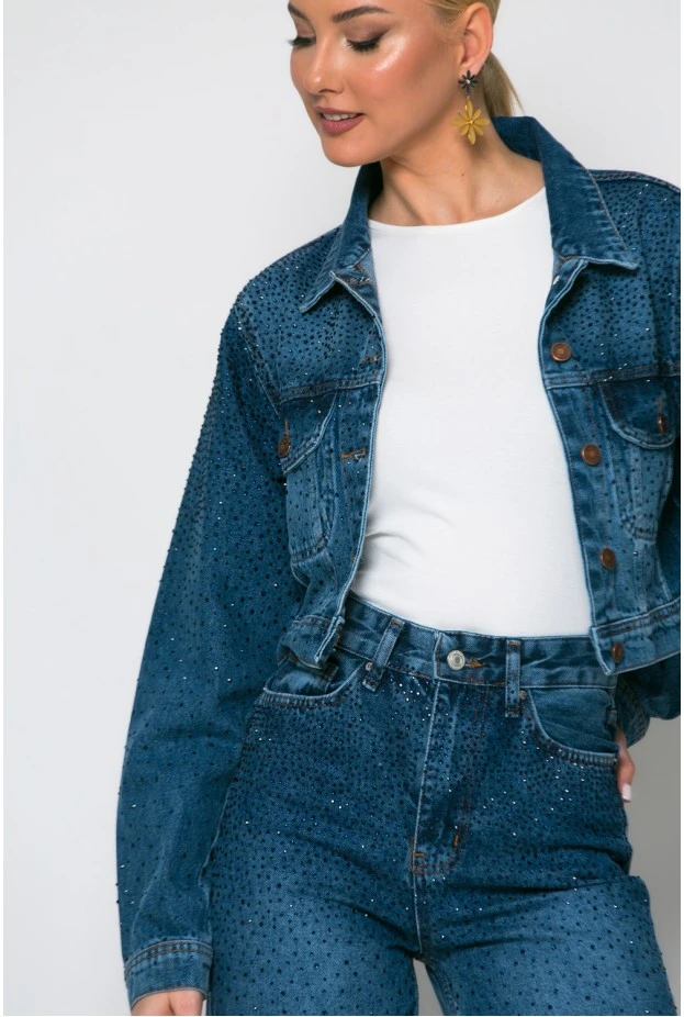Cropped jean jacket με στρας μπλε