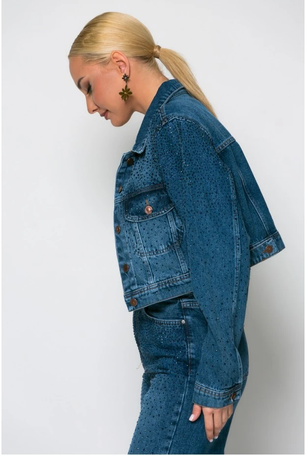 Cropped jean jacket με στρας μπλε