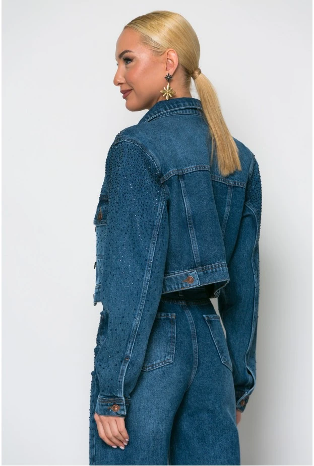 Cropped jean jacket με στρας μπλε