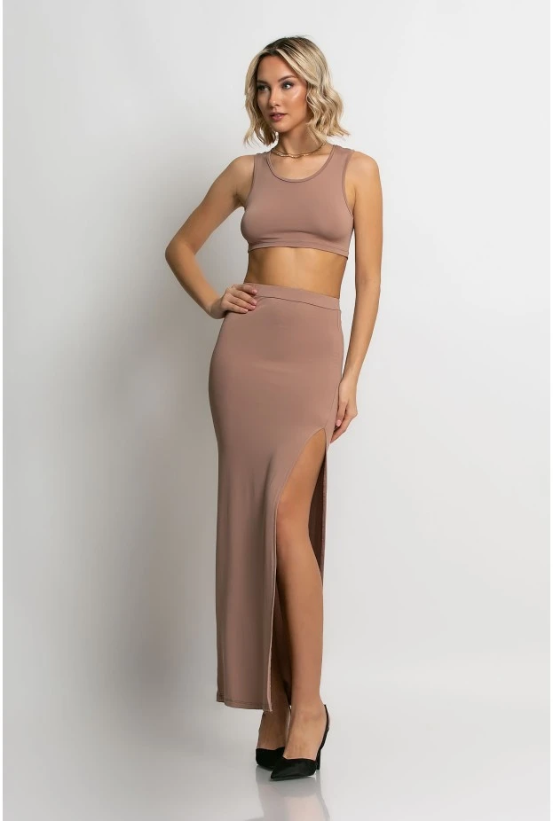 Σετ crop top και φούστα μπεζ