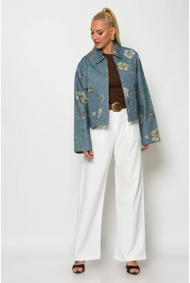 Jean jacket floral με τσέπες μπλε
