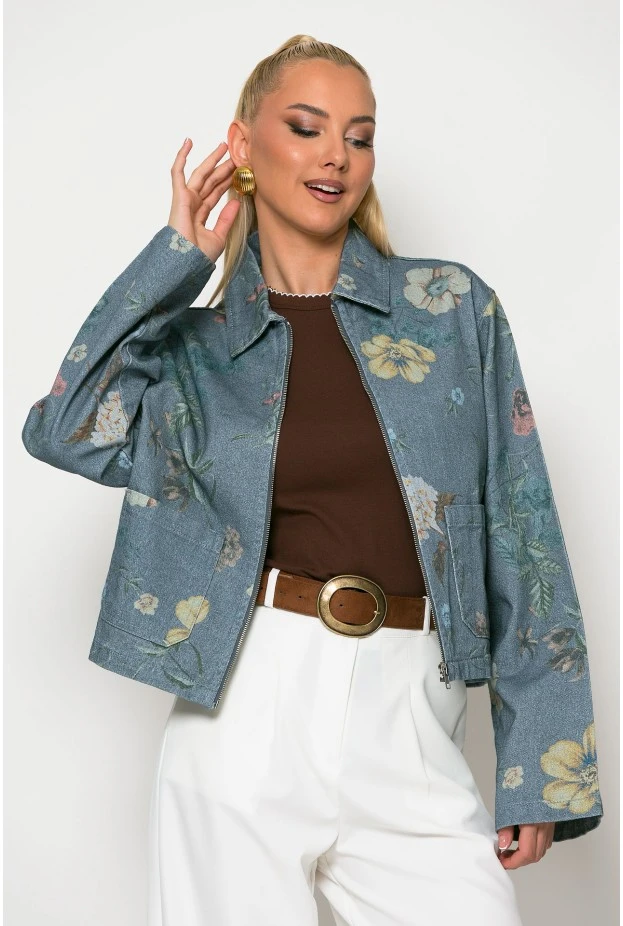 Jean jacket floral με τσέπες μπλε