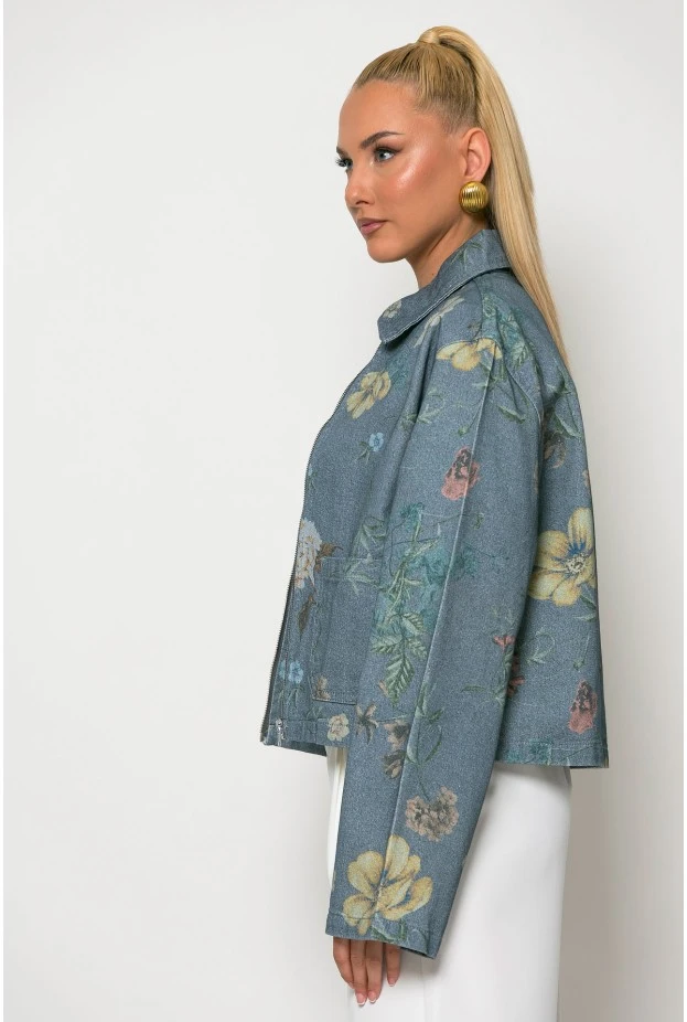 Jean jacket floral με τσέπες μπλε