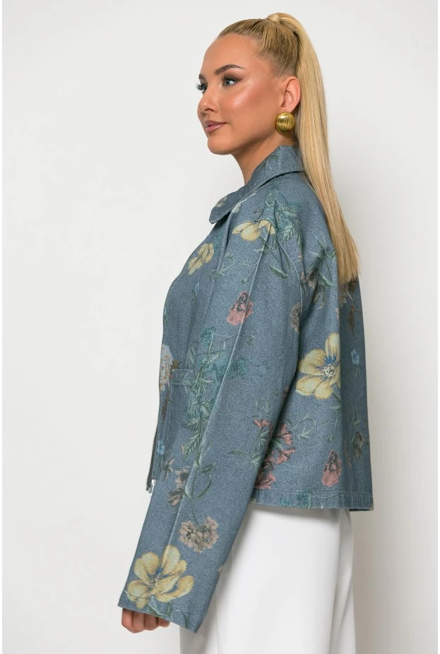 Jean jacket floral με τσέπες μπλε