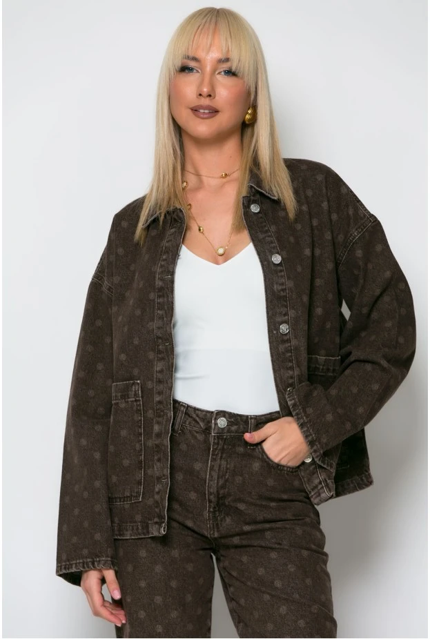 Jean jacket πουά με καμπάνα μανίκια καφέ