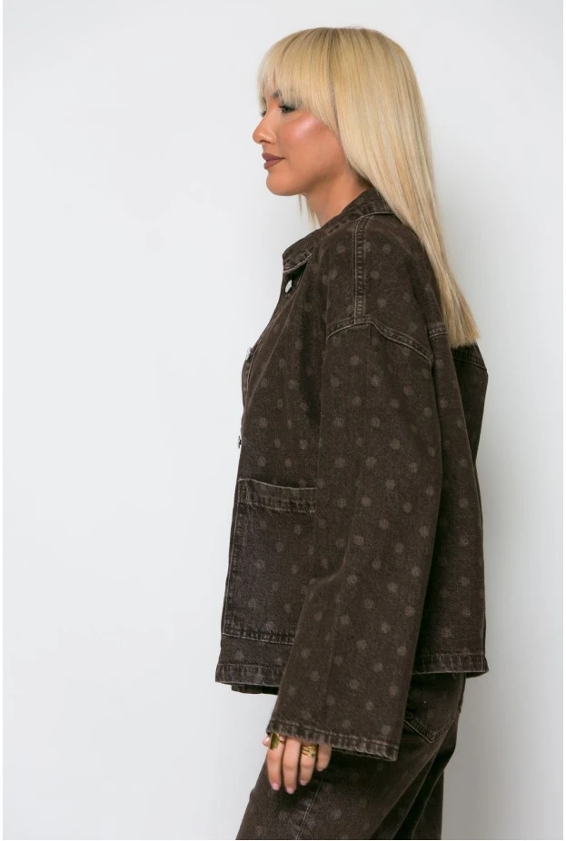 Jean jacket πουά με καμπάνα μανίκια καφέ