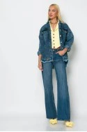 Jean jacket με boho κεντήματα και ξέφτια μπλε σκούρο