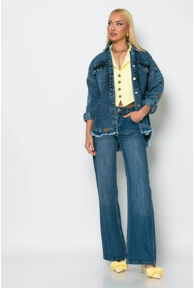 Jean jacket με boho κεντήματα και ξέφτια μπλε σκούρο