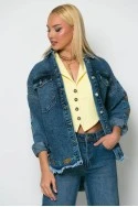 Jean jacket με boho κεντήματα και ξέφτια μπλε σκούρο
