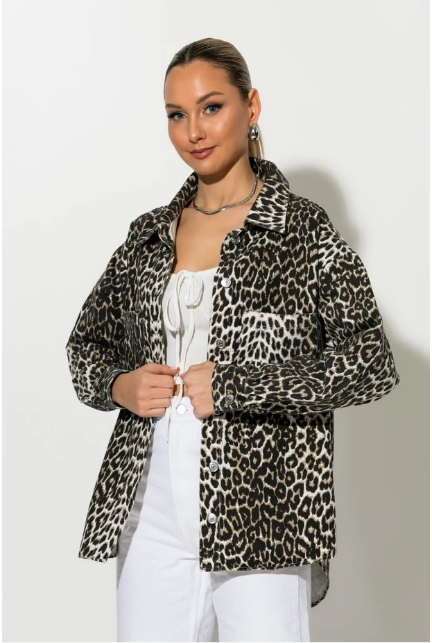 Jean jacket leopard print με τσέπες καφέ