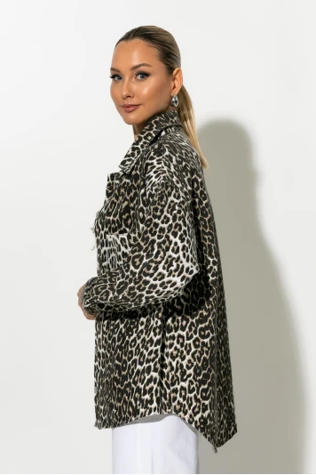 Jean jacket leopard print με τσέπες καφέ