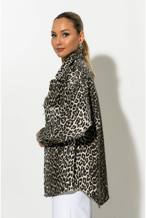 Jean jacket leopard print με τσέπες καφέ