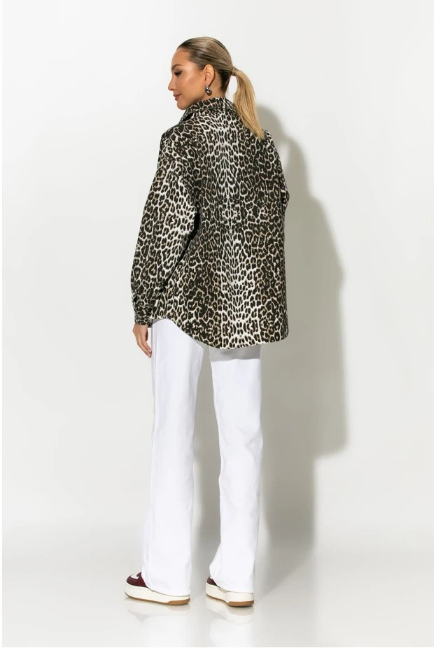 Jean jacket leopard print με τσέπες καφέ